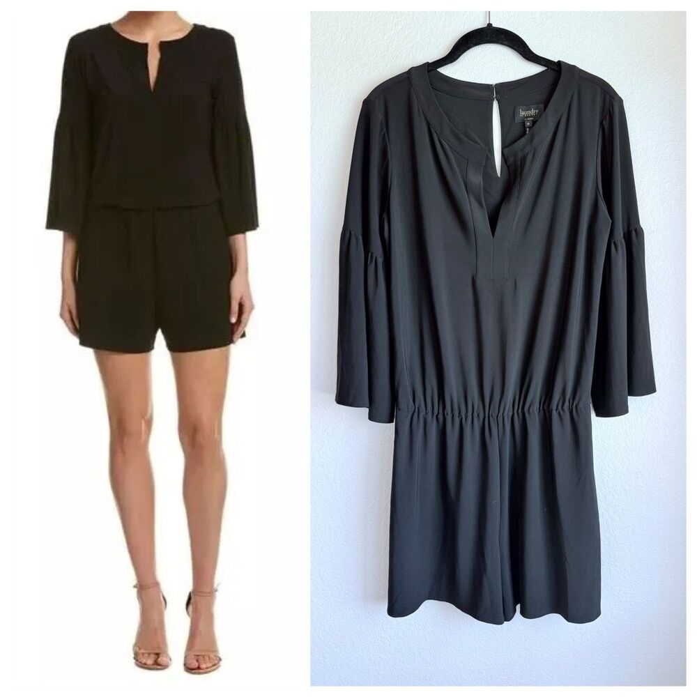 Laundry by Shelli Segal 3/4 Bell Sleeve Split Neck Dressy Jersey Romper in Black